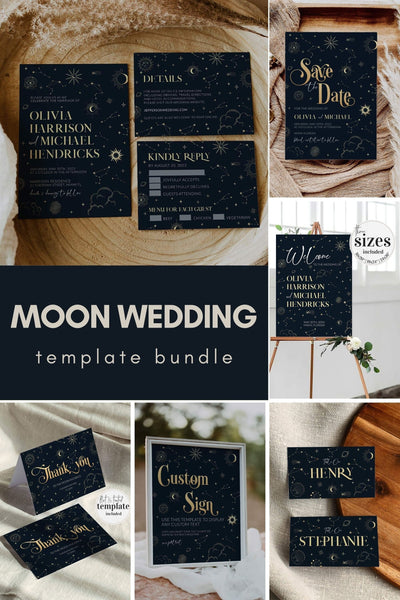 Celestial Wedding Invitation Suite Template, Moon and Stars Printable Stationery Bundle #063 - TheLovebirdsDesign