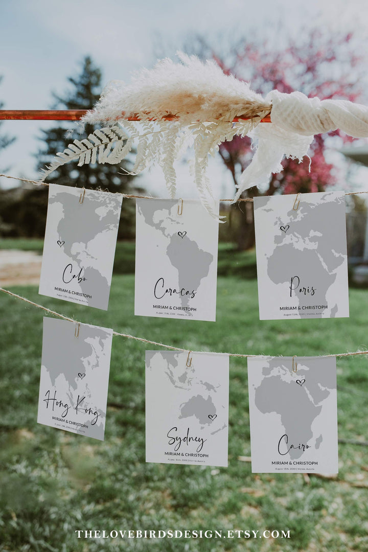 Travel Wedding Table Numbers for Destination Wedding, Passport Wedding Decorations with World Map #072w - TheLovebirdsDesign