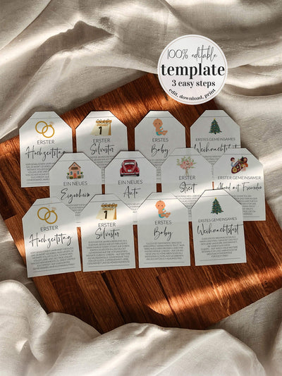 GERMAN Marriage Milestone Wine Tags, Year of Firsts Wine Basket Tags, Wedding Milestone Wine Label Wedding Gift - TheLovebirdsDesign