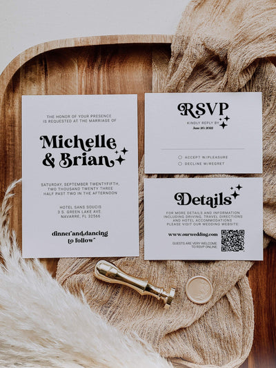 Groovy Wedding Invitation Bundle, Retro 70s Printable Invite Set, Editable Template Suite 065B-WEINV - marryful.org