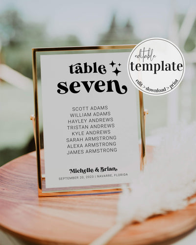Retro Wedding Decor Seating Chart and Table numbers for 70s inspired wedding celebration 065B-TBNR - marryful.org