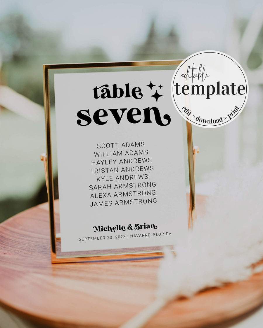 Retro Wedding Decor Seating Chart and Table numbers for 70s inspired wedding celebration 065B-TBNR - marryful.org