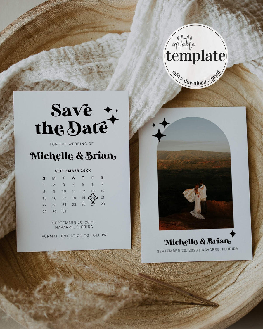 Retro Wedding Save the Date Calendar, Groovy 70s Disco Wedding Invitation Editable Template 065B-STDC - marryful.org