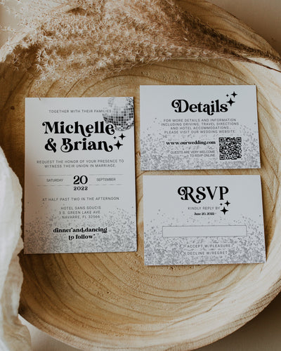Disco Wedding Invitation Suite, Retro 70s Invite with RSVP Details Card Editable Template 065D-WEINV2