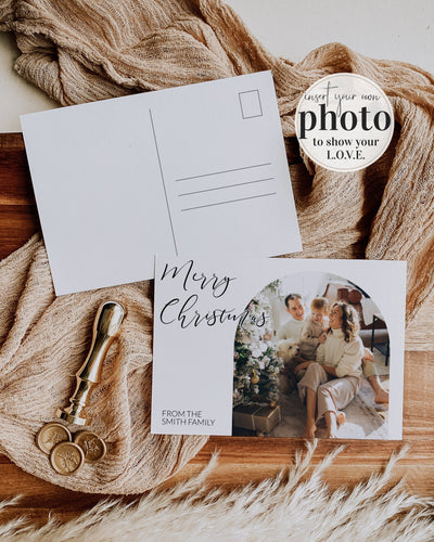 Family Christmas Photo Card 2026, Editable Single 5x7 Holiday Postcard Template 095BW-PHCA