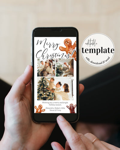 Digital Gingerbread Christmas Card 2026, Editable Family Photo Ecard to Send by Text 095BW-PHCA
