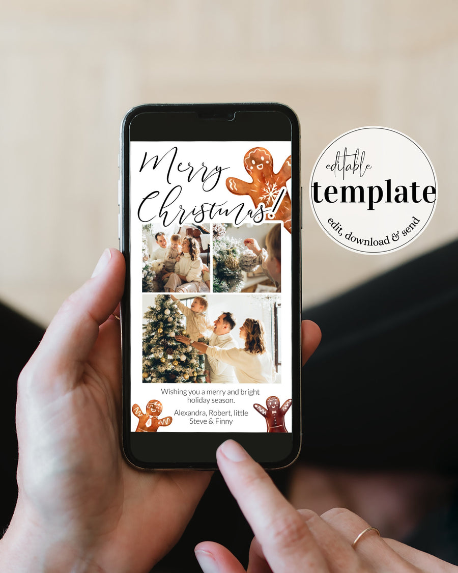 Digital Gingerbread Christmas Card 2026, Editable Family Photo Ecard to Send by Text 095BW-PHCA