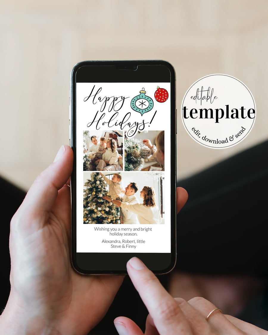Digital Happy Holidays Photo Card 2026, Editable Family Ecard to Send by Text 095BW-PHCA