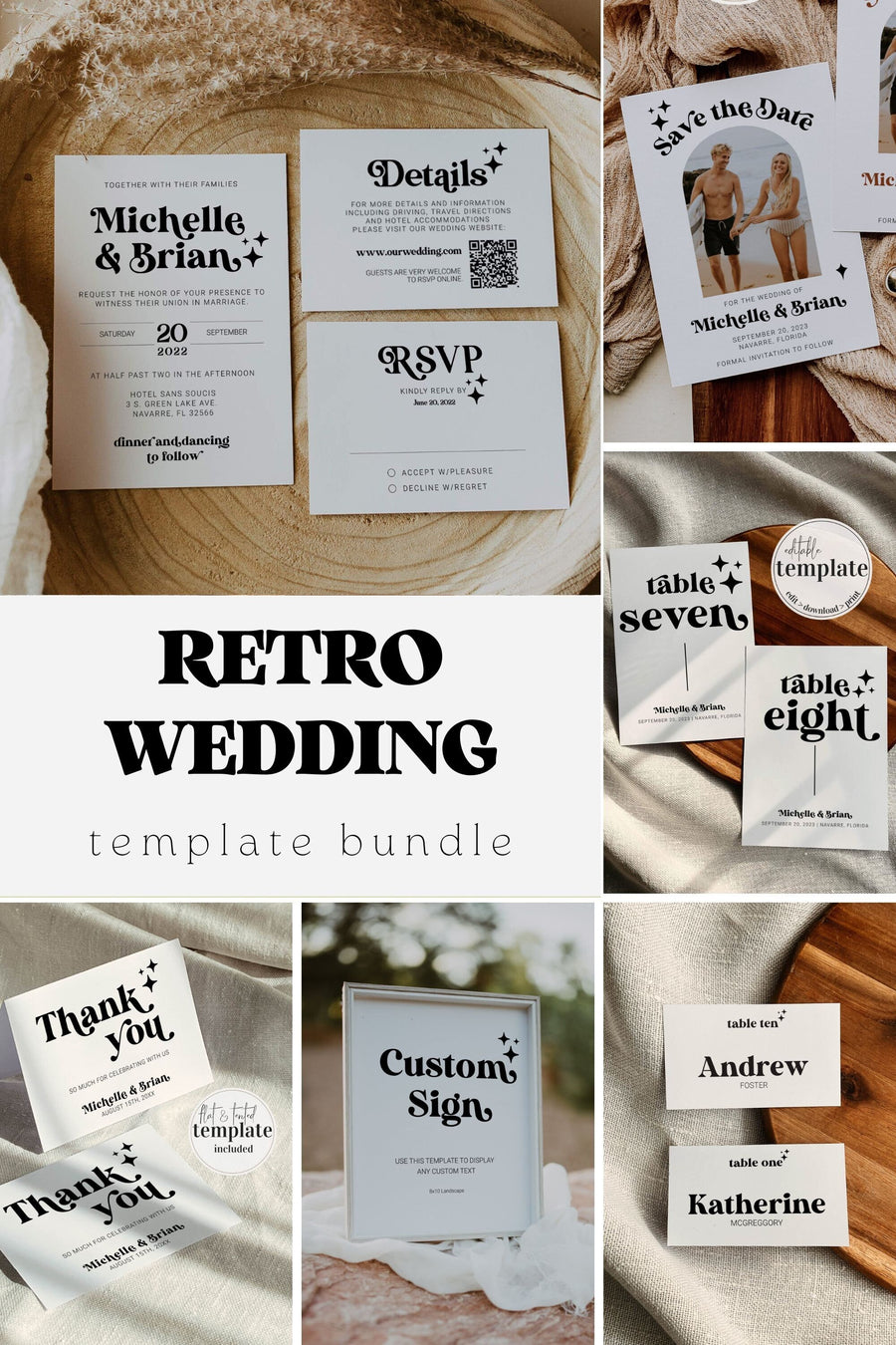 Retro Wedding Invitation Suite with Save the Date, Table Numbers, Welcome Sign Wedding Decor & more for 70s themed disco wedding #065b - marryful.org