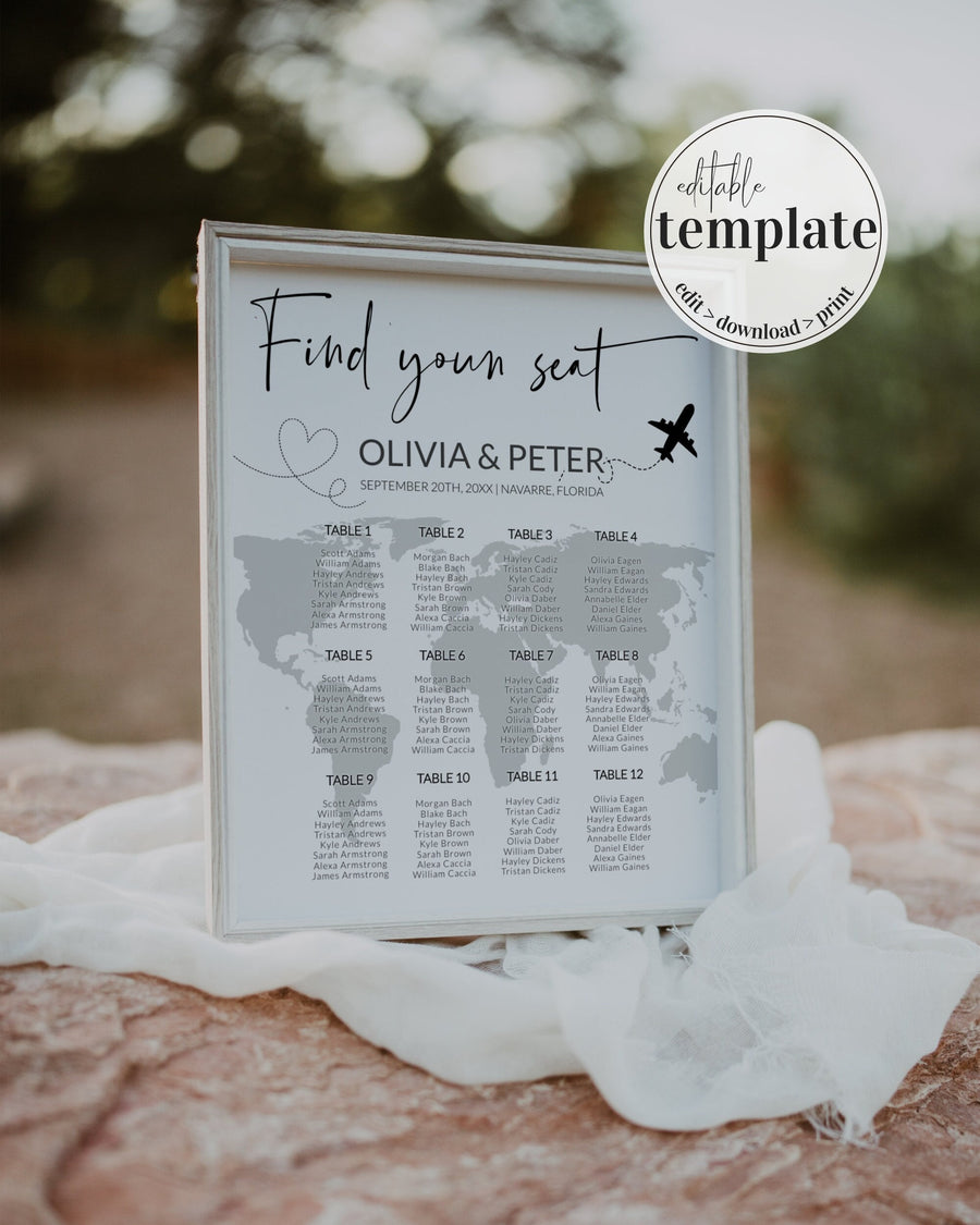Destination Wedding Seating Chart Template, Travel Theme Reception Sign 072W-SEAT - marryful.org