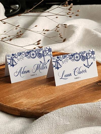 Nautical Beach Themed Place Card Templates for Destination Wedding | Printable Template - TheLovebirdsDesign