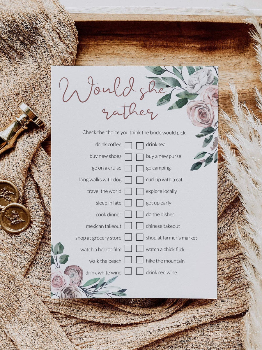 Would she rather bridal shower game instant download for floral bachelorette party #075 - marryful.org