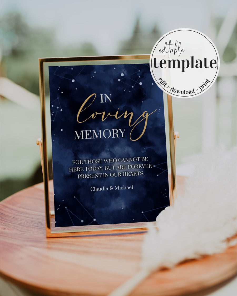 Celestial Wedding Memorial Sign, In Loving Memory Reserved Chair Moon Stars Template 066CE-MEMSI - marryful.org