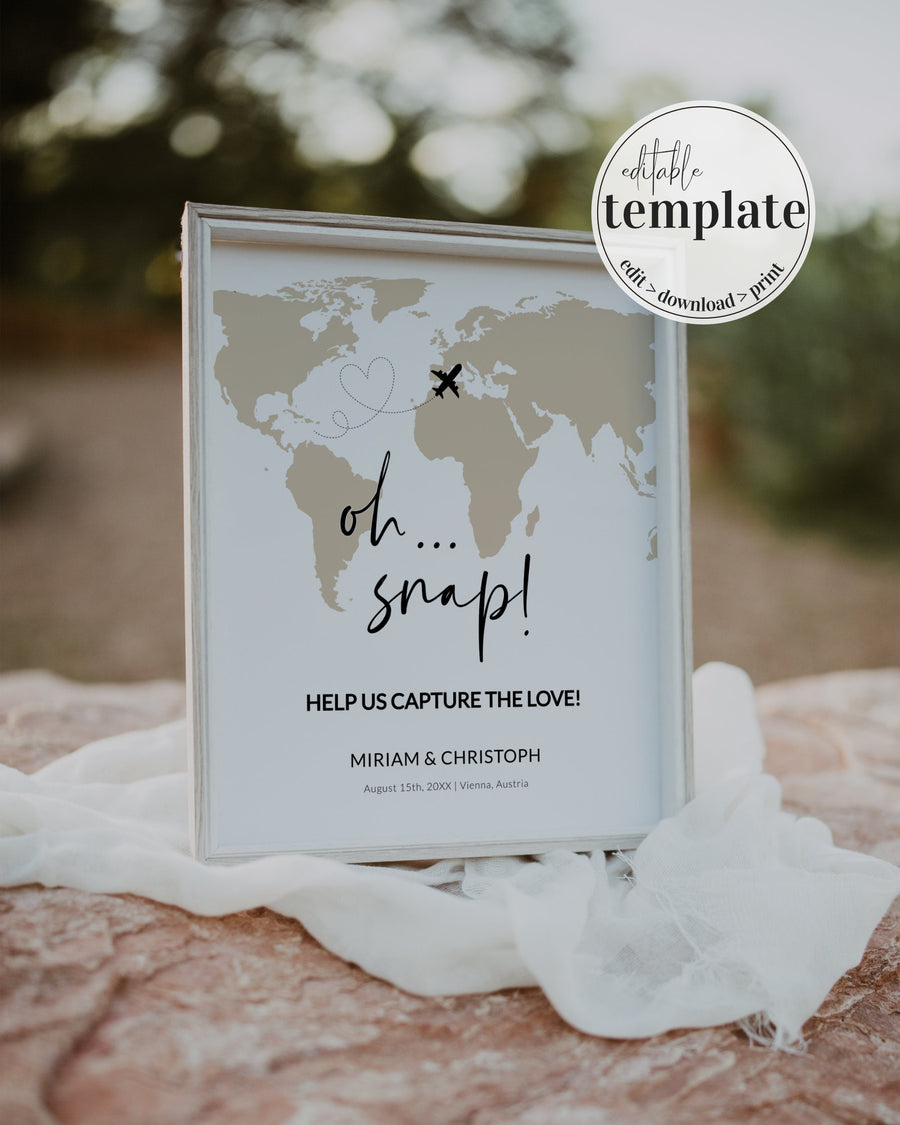 Destination Wedding Hashtag Sign Template, Oh Snap Printable Travel Theme #072w - marryful.org