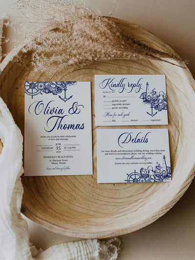 Nautical Wedding Invitation Suite, Editable Template for Beach Destination Wedding | Printable Template - TheLovebirdsDesign