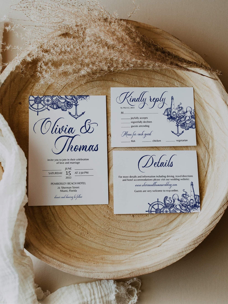 Nautical Wedding Invitation Suite Template, Beach Destination Printable Set 071NA-WEINV - marryful.org