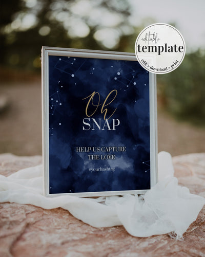 Celestial Wedding Hashtag Sign Template, Oh Snap Printable Moon and Stars Sign 066CE-HASI - marryful.org