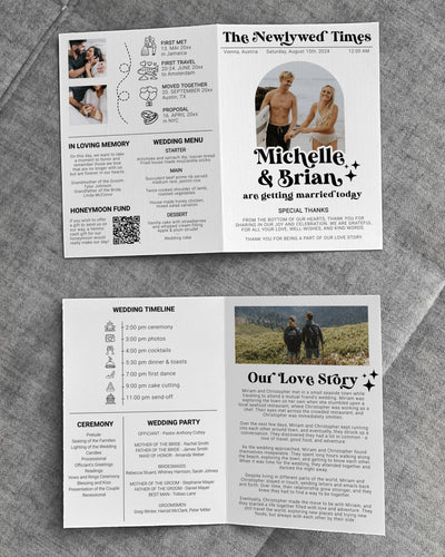 Retro Wedding Program Template, 70s Ceremony Timeline Itinerary Infographic Printable Editable Folded Modern 065B-WENP - marryful.org