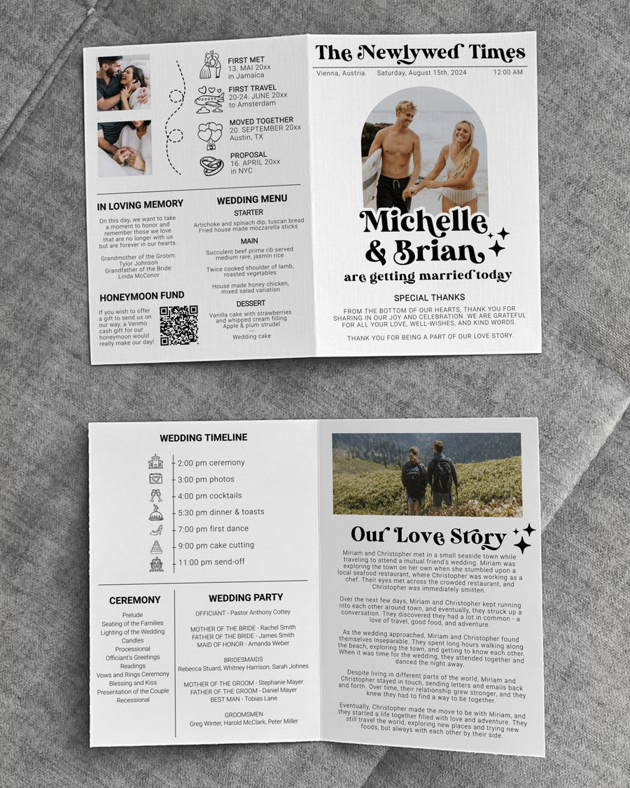 Retro Wedding Program Template, 70s Ceremony Timeline Itinerary Infographic Printable Editable Folded Modern 065B-WENP - marryful.org