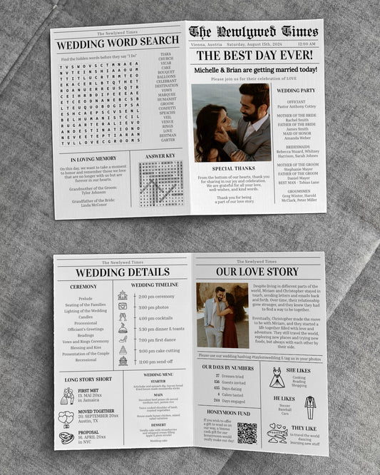 Newspaper Wedding Program with crossword, timeline, infographic and itinerary for simple modern Wedding - TheLovebirdsDesign