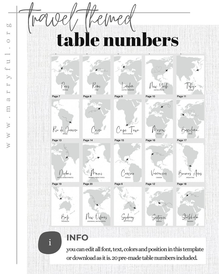 Travel Table Numbers Template, Destination Wedding Seating Cards ...
