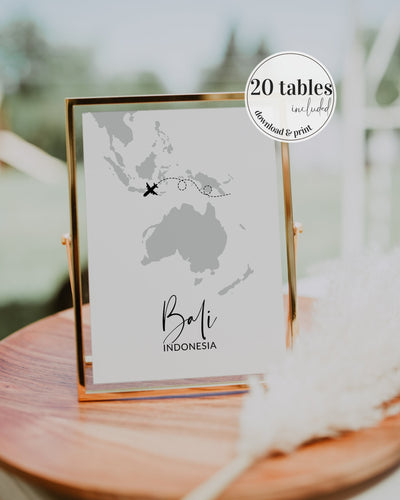 20 Travel Table Numbers for Destination Wedding, Guest Seating Cards with Travel Theme | printable template #072w - TheLovebirdsDesign