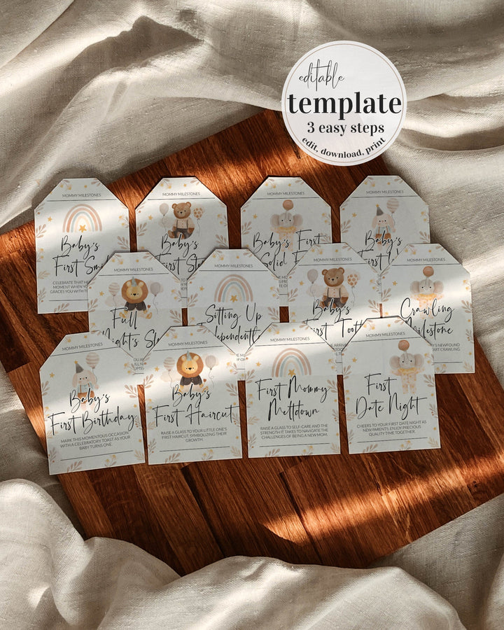 Mommy Milestone Wine Tags, Baby's year of firsts tags, Baby Shower Milestone Wine Bottle Gift Tags or Labels #072 - TheLovebirdsDesign