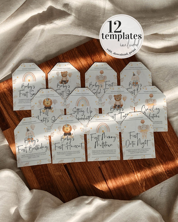 Mommy Milestone Wine Tags, Baby's year of firsts tags, Baby Shower Milestone Wine Bottle Gift Tags or Labels #072 - TheLovebirdsDesign