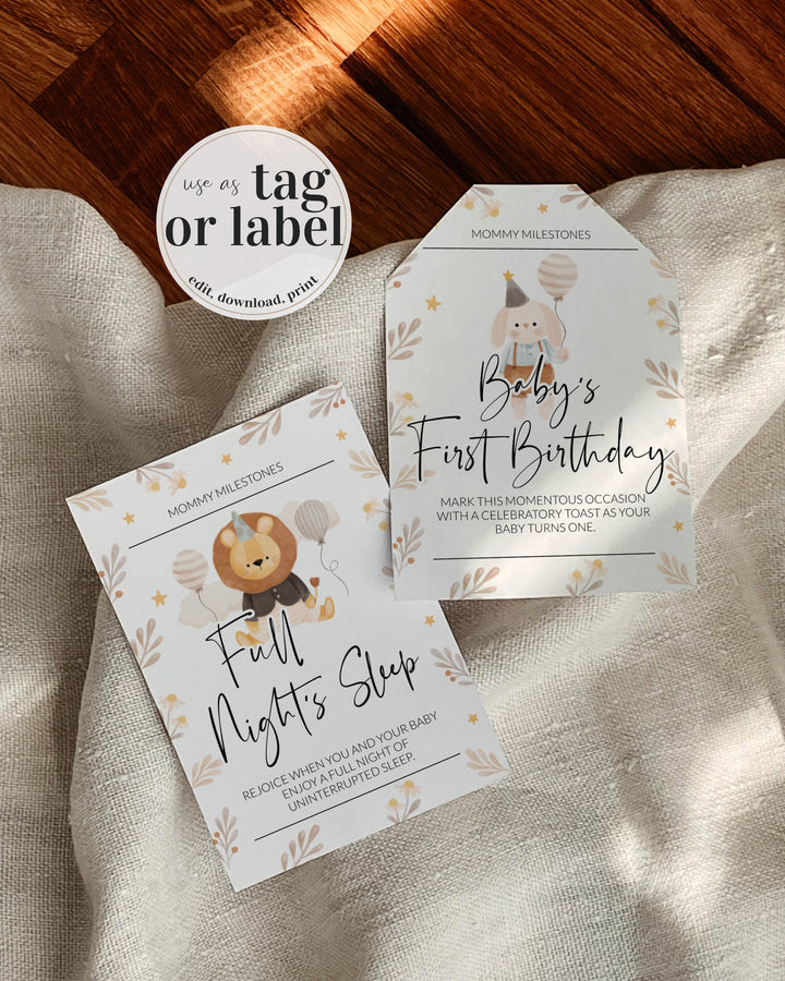 Mommy Milestone Wine Tags, Baby's year of firsts tags, Baby Shower Milestone Wine Bottle Gift Tags or Labels #072 - TheLovebirdsDesign