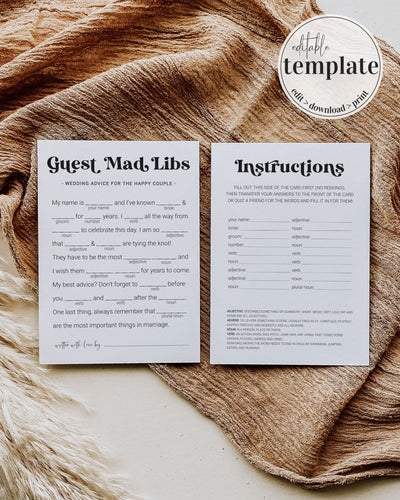 Mad Libs Wedding Guest Book Game, Minimalist Modern Bridal Shower Printable Editable Template 065B-GAME - marryful.org