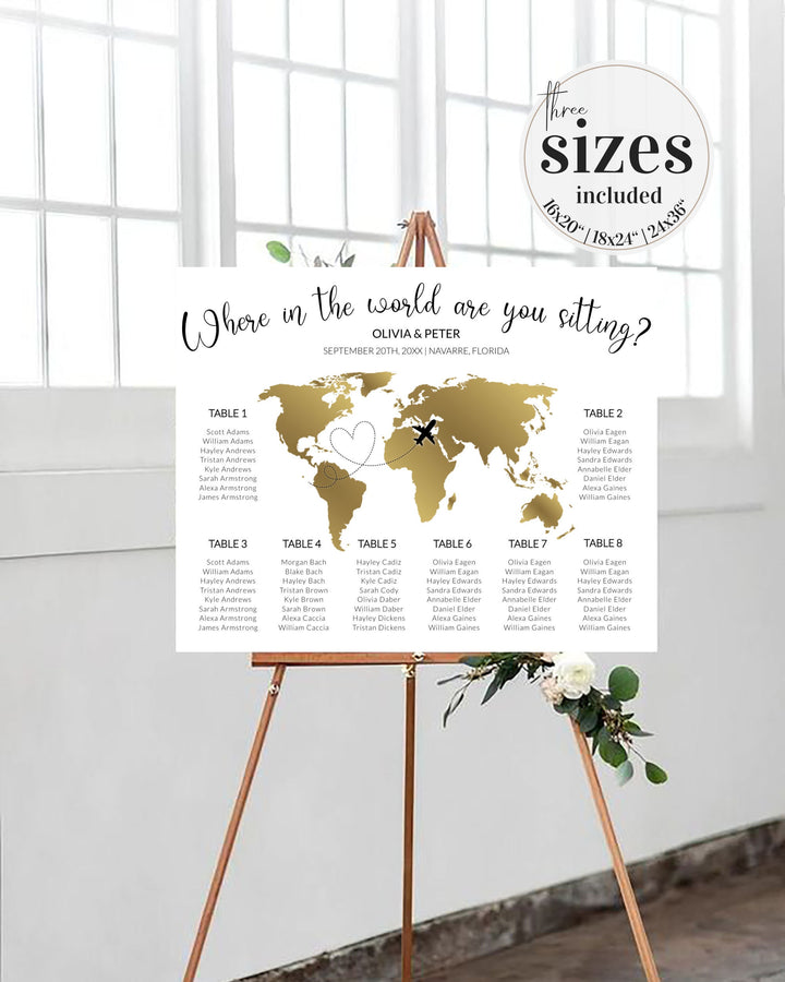 Travel themed Seating Chart for Destination Wedding Decor: Where in the World are you sitting - Golden Map #072g - TheLovebirdsDesign