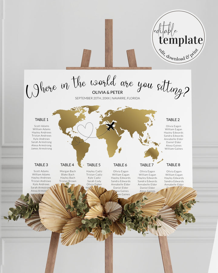 Travel themed Seating Chart for Destination Wedding Decor: Where in the World are you sitting - Golden Map #072g - TheLovebirdsDesign