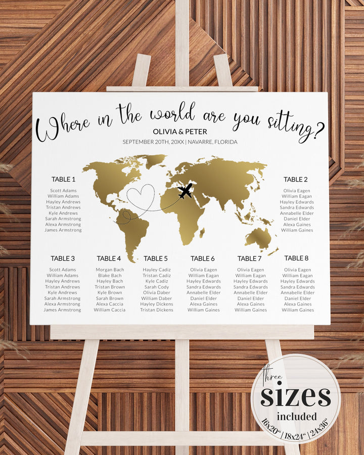 Travel themed Seating Chart for Destination Wedding Decor: Where in the World are you sitting - Golden Map #072g - TheLovebirdsDesign