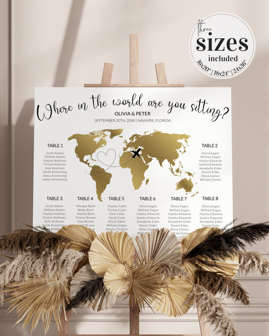 Travel themed Seating Chart for Destination Wedding Decor: Where in the World are you sitting - Golden Map #072g - TheLovebirdsDesign