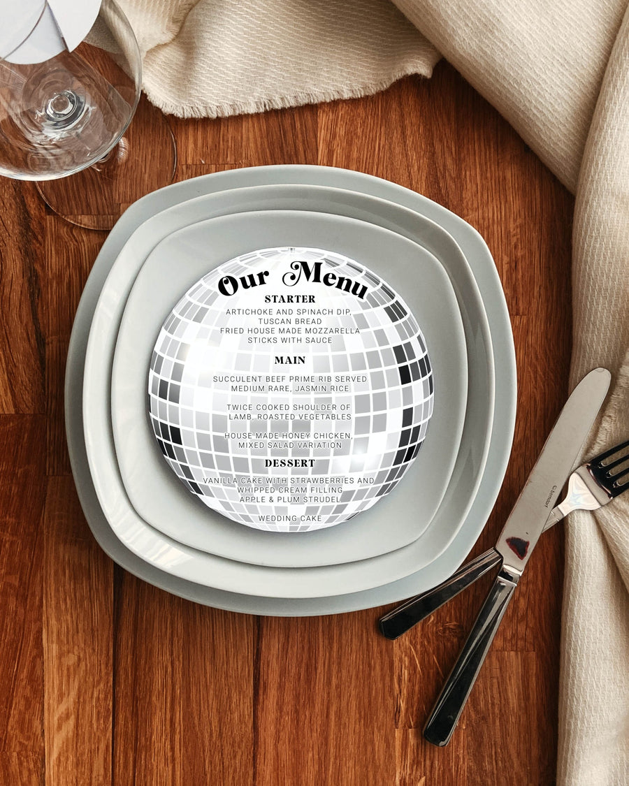 Disco Ball Menu Card Template, Groovy 70s Wedding Reception Food and Drink Menu 065D-MENU-RU - marryful.org