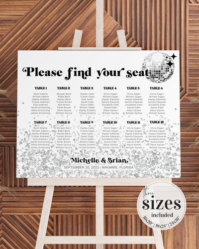 Disco Seating Chart Template, Groovy 70s Wedding Find Your Seat Sign Printable 065D-SEAT - marryful.org