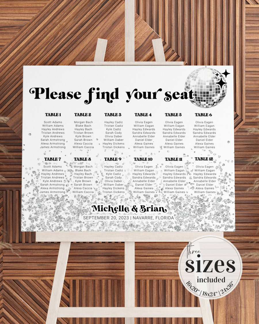 Disco Seating Chart Template, Groovy 70s Wedding Find Your Seat Sign Printable 065D-SEAT - marryful.org