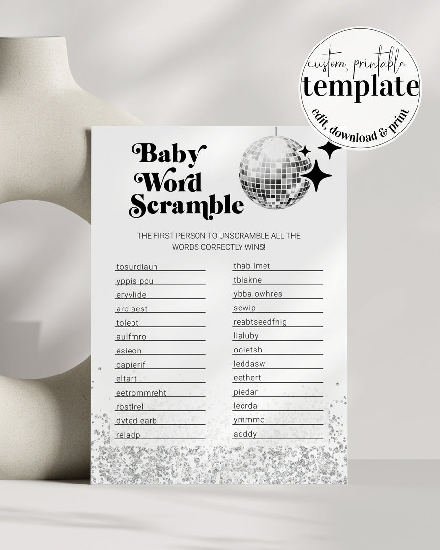 Baby Word Scramble Game Groovy Seventies Disco Ball Funky Font Retro Shower Template #065d - marryful.org