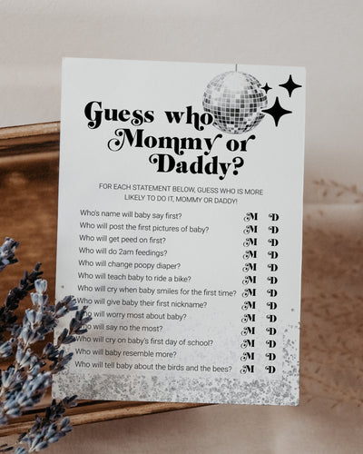 Guess Who Mommy or Daddy Game, Groovy Disco Baby Shower Printable Editable Template 065D-GAME - marryful.org