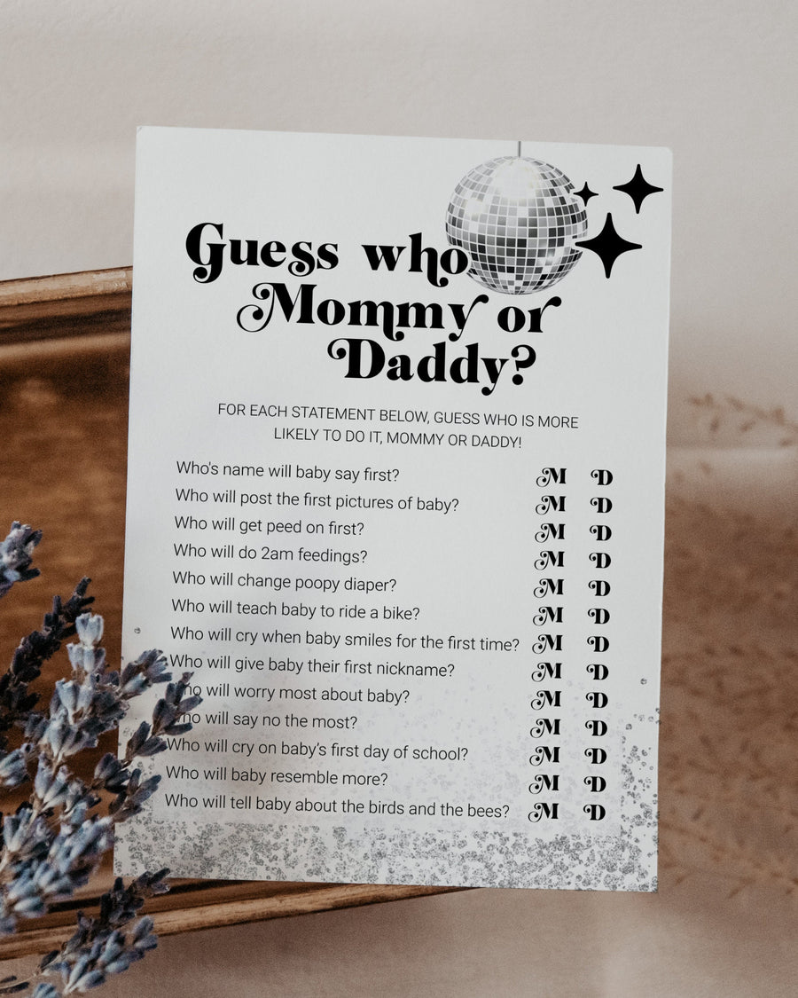 Guess Who Mommy or Daddy Game, Groovy Disco Baby Shower Printable Editable Template 065D-GAME - marryful.org