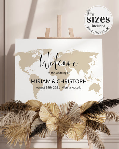 Destination Wedding Welcome Sign with Watercolor World Map for a Travel Themed Wedding #072w - TheLovebirdsDesign
