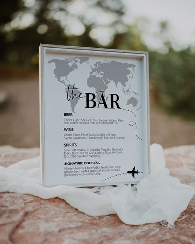 Bar Menu Sign for travel themed Destination Wedding | Custom Cocktail Bar Sign | Drink Menu with World Map | Printable Template #072w - TheLovebirdsDesign