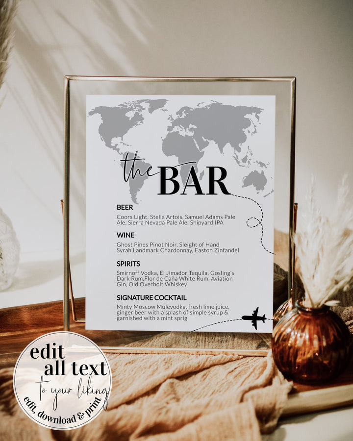 Destination Wedding Bar Menu Sign, Travel Themed Cocktail Printable ...