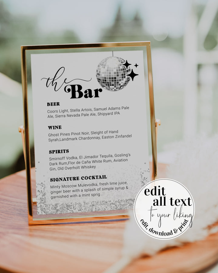 Disco Drink Menu Template, Retro Bar Sign, Disco Ball Wedding Decor ...