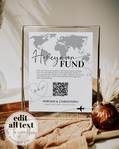 QR Code Sign | Honeymoon Fund Sign for Travel themed Destination Wedding | World Map Scan to Pay Signage | Printable Template #072w - TheLovebirdsDesign