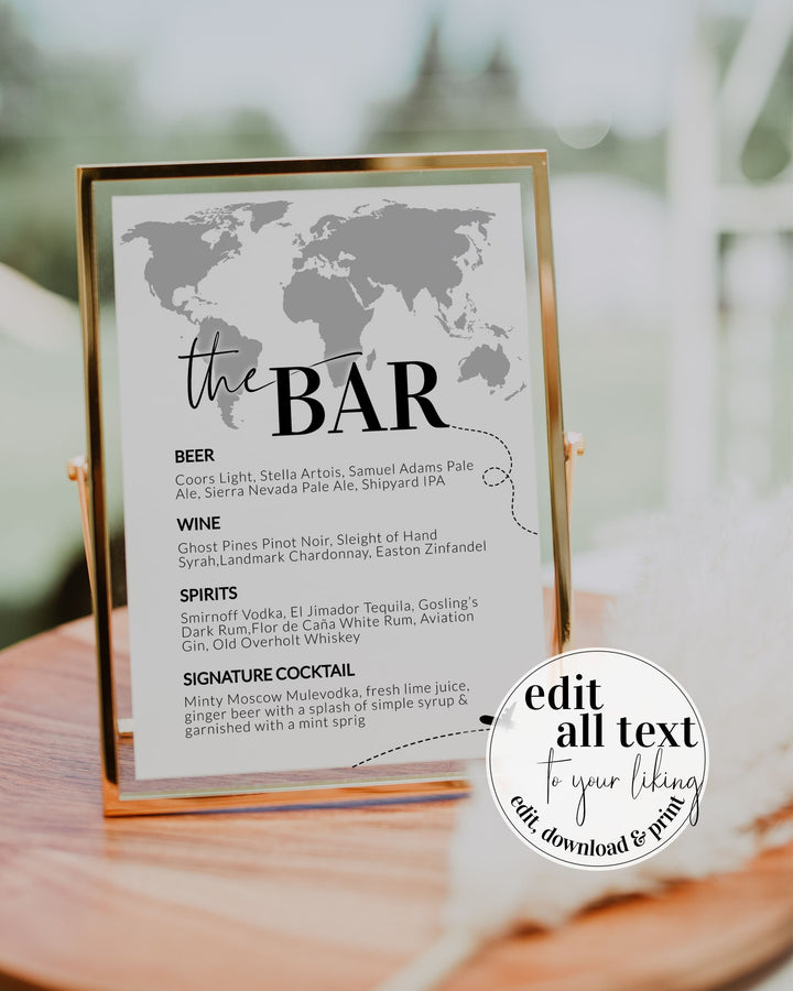Destination Wedding Bar Menu Sign, Travel Themed Cocktail Printable ...