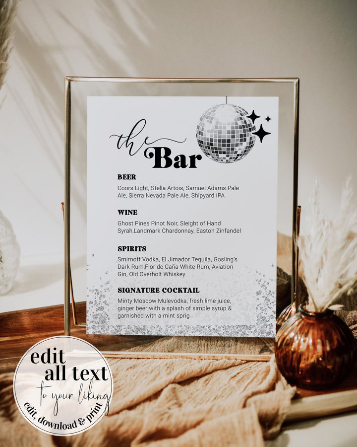 Disco Drink Menu Template, Retro Bar Sign, Disco Ball Wedding Decor ...