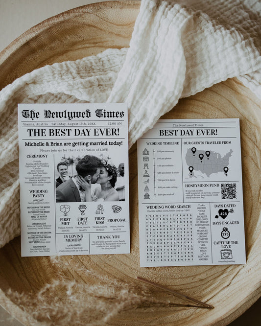 Wedding Newspaper Program with Crossword Puzzle Timeline and Itinerary for Simple Wedding | Ceremony Program | Printable Template #065 - TheLovebirdsDesign