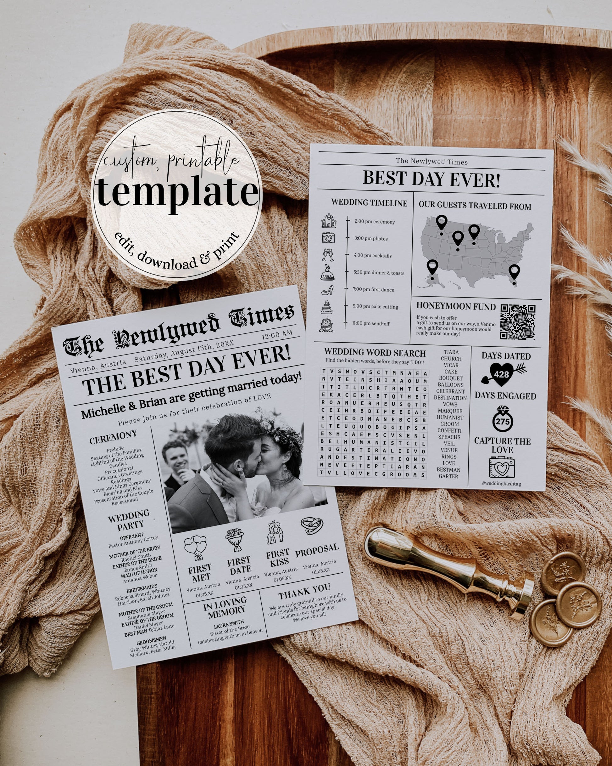 Wedding Newspaper Program with Crossword Puzzle Timeline and Itinerary for Simple Wedding | Ceremony Program | Printable Template #065 - TheLovebirdsDesign