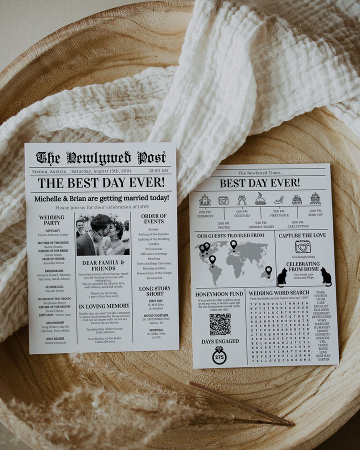 Wedding Newspaper Program with Timeline and Crossword Puzzle for Modern Wedding | Wedding Infographic Program | Printable Template #065 - TheLovebirdsDesign